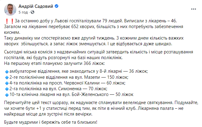 Во Львове тяжелых случаев Covid-19 все больше. В городе развернут пять временных госпиталей. Скриншот: Фб